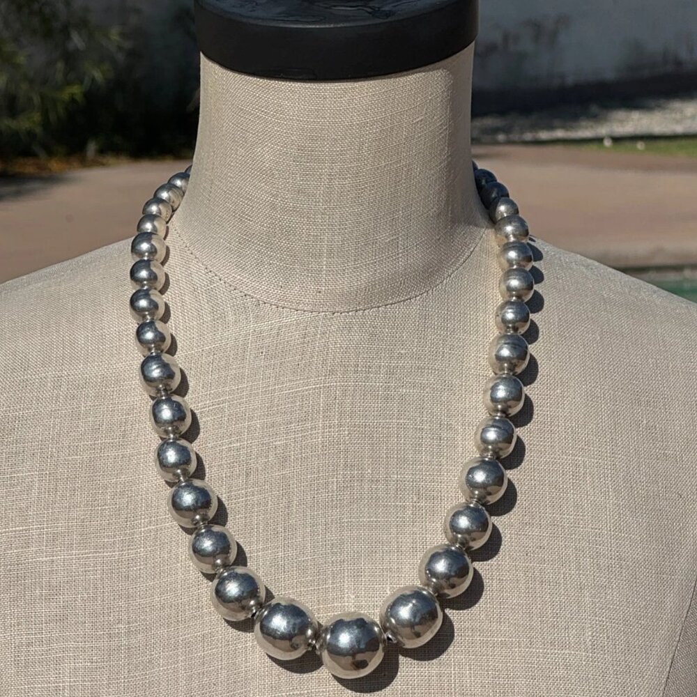 Vintage Taxco Sterling Silver Graduated Bead Necklace 23" 77g TC-51 Mexico 925